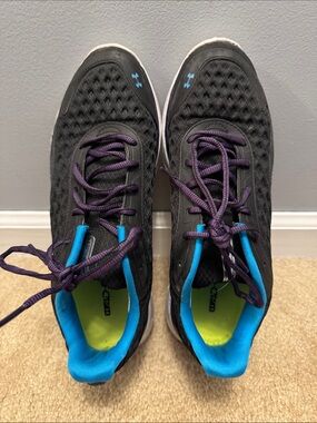 Under Armour Black Athletic Shoes with Purple Laces and Blue Collar